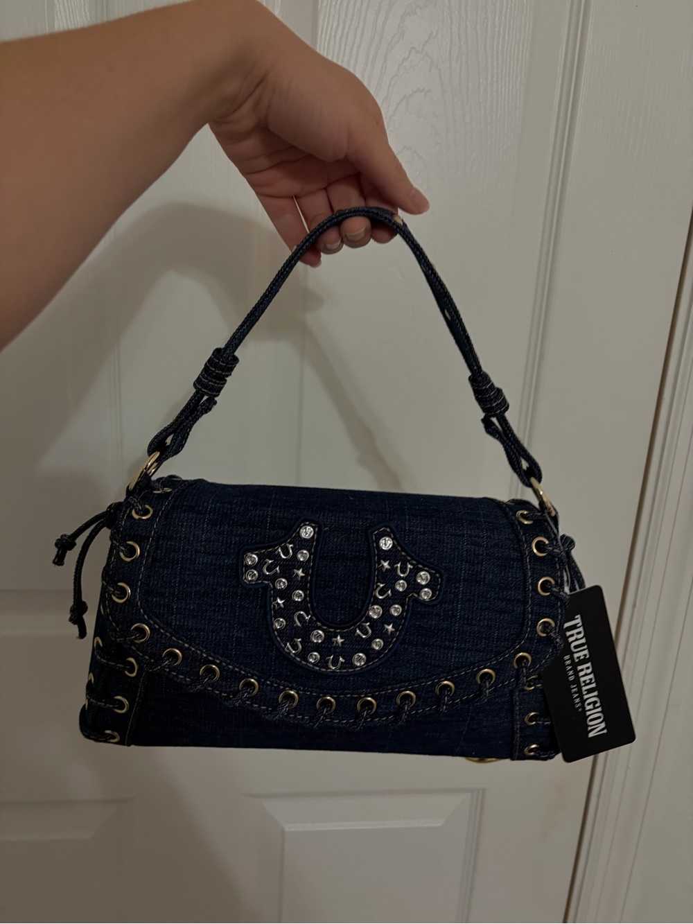 Y2k True Religion Navy Denim Shoulder Bag with Studded Horseshoe